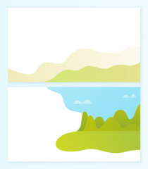Fototapeta premium Abstract representation of horizon vector, set of blurry clear sky with clouds, lawn and green grass. Mountain with greenery and bushes in distance