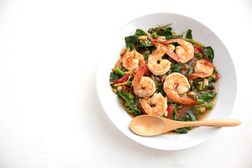 stir fried shrimp basil on white background