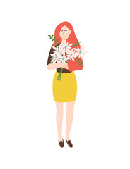 Leaves and flowers in bouquet vector, isolated woman holding daisy with leather fern filling. Female happy to get gift on international womens day