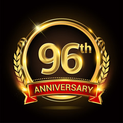 96th golden anniversary logo, with shiny ring and red ribbon, laurel wreath isolated on black background, vector design