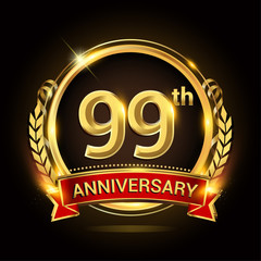 99th golden anniversary logo, with shiny ring and red ribbon, laurel wreath isolated on black background, vector design