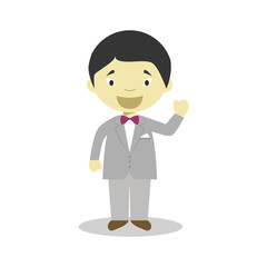 Oriental bridegroom wearing a grey suit in cartoon style Vector Illustration