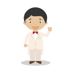 Oriental bridegroom wearing a cream tuxedo in cartoon style Vector Illustration