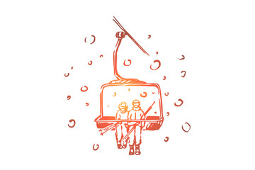 Ski, lift, mountains, snow, people concept. Hand drawn isolated vector.