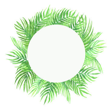 Watercolor round  frame of acai palm leaves.