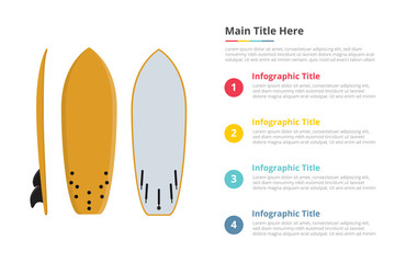 surfing board equipment infographics template with 4 points of free space text description - vector
