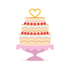 Wedding cake with a heart shape on top and a pink tray. Wedding icon concept Vector illustration