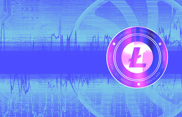 Litecoin (LTC) digital crypto currency. Сoin on the background of stock indexes. Cyber money. - 260956511