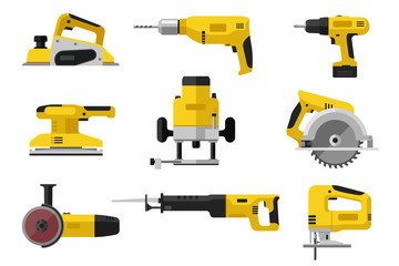 Power tools. Yellow electric industrial tools. Flat illustrations of saws, drill planer grinders screwdriver.