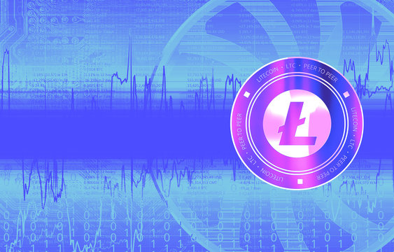 Litecoin (LTC) digital crypto currency. Сoin on the background of stock indexes. Cyber money.