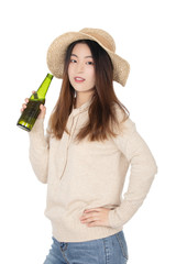 Fototapeta na wymiar Chinese woman holding bottle of beer isolated on white background
