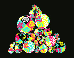 pile of decorated balls in vivid pop shades on black