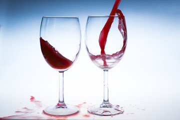 Splash red wine glass against a white background