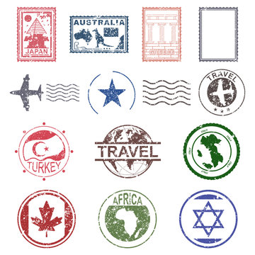 Travel and post stamps vector vintage design elements set with grunge texture isolated on a white background.