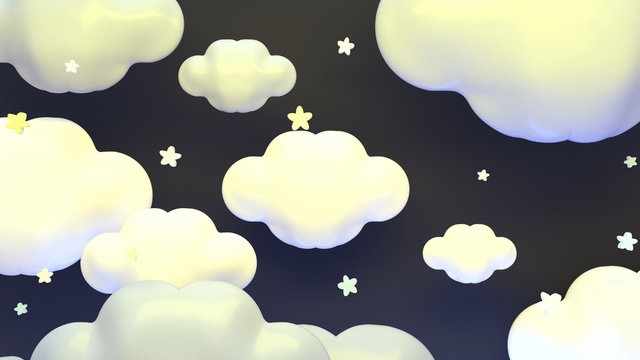 Kawaii white clouds and stars at night. 3d rendering picture.