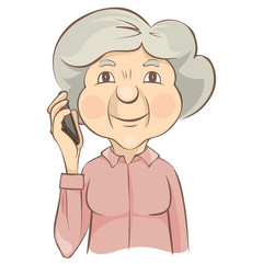 Grandmother with phone. Old woman takes a phone call, vector illustration.	