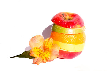 bright mixit different fruits cut by plastics pyramid of different fruits prefab fruit on a white background