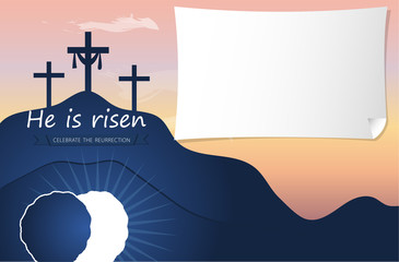 Easter Sunday service vector invitation with text He is risen on a background of rolled away from the tomb stone of Calvary. Easter sunday holy week poster