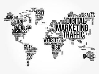 Obraz na płótnie Canvas Digital Marketing word cloud in shape of world map, business concept background