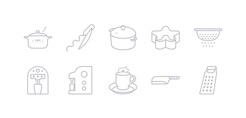 simple gray 10 vector icons set such as zester, cleaver, coffee cup, coffee machine, coffee maker, colander, cookie cutter. editable vector icon pack