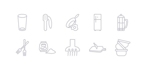 simple gray 10 vector icons set such as custard cup, cutting board, extractor hood, flour, fork, french press, fridge. editable vector icon pack