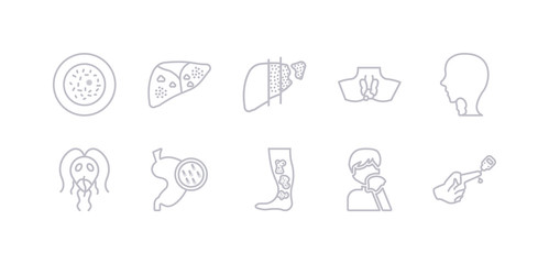simple gray 10 vector icons set such as diabetes, flu (influenza), gangrene, gastroenteritis, giardiasis, goitre, hemorrhoid. editable vector icon pack