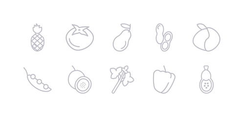 simple gray 10 vector icons set such as papaya, paprika, parsley, passion fruit, pea, peach, peanut. editable vector icon pack