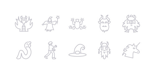 simple gray 10 vector icons set such as unicorn, viking, witch hat, zombie, rapunzel, dwarf, beast. editable vector icon pack