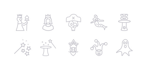 simple gray 10 vector icons set such as ghost, joker, king, magic, magic wand, magician, mermaid. editable vector icon pack