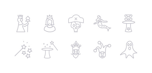 Fototapeta premium simple gray 10 vector icons set such as ghost, joker, king, magic, magic wand, magician, mermaid. editable vector icon pack