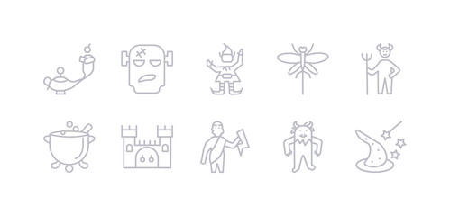 simple gray 10 vector icons set such as wizard, yeti, zeus, castle, cauldron, devil, dragonfly. editable vector icon pack
