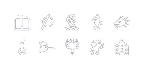 simple gray 10 vector icons set such as palace, pegasus, phoenix, pinocchio, potion, quetzalcoatl, seahorses. editable vector icon pack