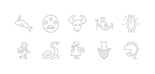 simple gray 10 vector icons set such as knight, leprechaun, little  riding hood, loch ness monster, madre monte, magic mirror, merman. editable vector icon pack