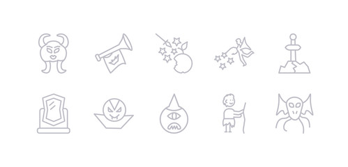 simple gray 10 vector icons set such as cthulhu, curupira, cyclops, dracula, enchanted mirror, excalibur, fairy. editable vector icon pack