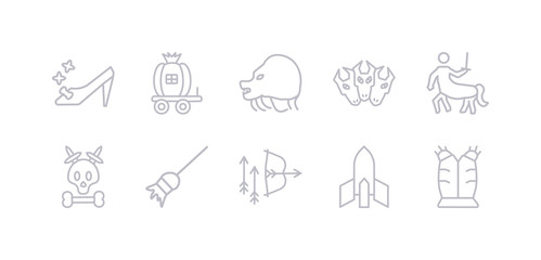 simple gray 10 vector icons set such as armor, atomic bomb, bow and arrow, broomstick, caribbean, centaur, cerberus. editable vector icon pack