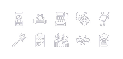 simple gray 10 vector icons set such as puppet show, racing, roller coaster, score, selfie stick, shooter, shooting game. editable vector icon pack
