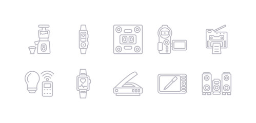 simple gray 10 vector icons set such as speakers, graphic tablet, scanner, smartband, smart light, copy machine, video recorder. editable vector icon pack