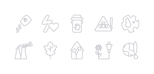 simple gray 10 vector icons set such as global warming, power, house, leaf, nuclear plant, planet earth, radioactive. editable vector icon pack