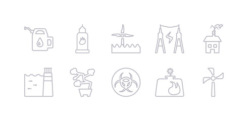 simple gray 10 vector icons set such as wind turbine, biogas, biohazard, bonsai, dam, eco house, energy. editable vector icon pack
