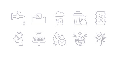 simple gray 10 vector icons set such as save energy, save the world, save water, solar panels, think eco, toxic waste, waste. editable vector icon pack