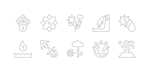 simple gray 10 vector icons set such as geyser, earth, energy, house effect, hydraulic energy, hydro power, hydroelectric power station. editable vector icon pack