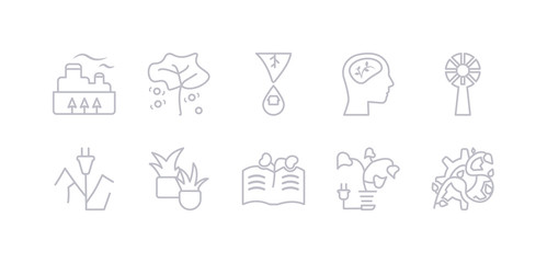 simple gray 10 vector icons set such as eco industry, eco light, eco paper, plant, plug, turbine, ecologism. editable vector icon pack