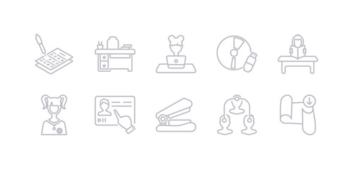 simple gray 10 vector icons set such as sheet, sociology, stapler, streaming, student, study, study tools. editable vector icon pack