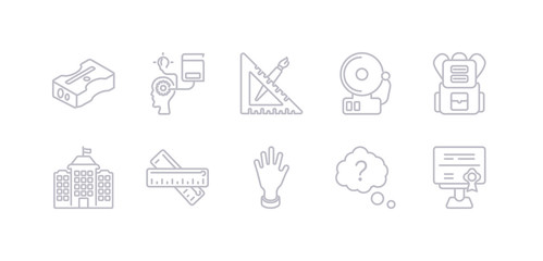 simple gray 10 vector icons set such as qualification, question, raise hand, ruler, school, school bag, school bell. editable vector icon pack