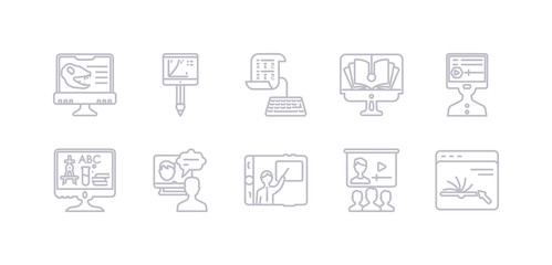 simple gray 10 vector icons set such as online, online class, online coaching, course, education, learning, library. editable vector icon pack