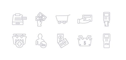 simple gray 10 vector icons set such as atm machine, basket, bills, broker, buy, card machine, card payment. editable vector icon pack