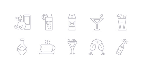 simple gray 10 vector icons set such as champagne, cheers, cocktail, coffee, cognac, lemonade, martini. editable vector icon pack