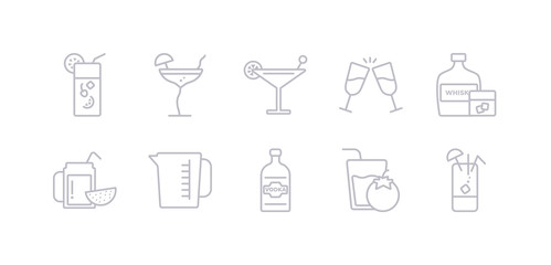 simple gray 10 vector icons set such as tequila sunrise, tomato juice, vodka, water jug, watermelon juice, whiskey, wine toast. editable vector icon pack