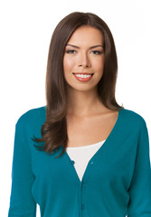 smiling woman in green casual smart clothing, isolated