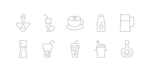 simple gray 10 vector icons set such as herbal liquor, ice bucket and bottle, ice coffee, ice tea, jigger, jug, juice bottle. editable vector icon pack